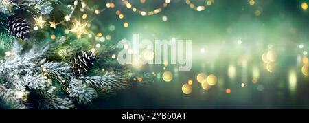 Christmas Lights Glowing In Fir Tree With Green Abstract Background Stock Photo