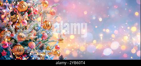 Christmas Tree - Golden Ornament Hanging Fir Branches With Bokeh Lights In Glittering Background Stock Photo