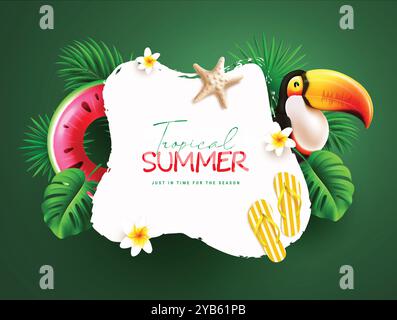 Summer tropical text vector template design. Tropical summer greeting text in white space with toucan bird, floaters, palm and monstera leaves element Stock Vector