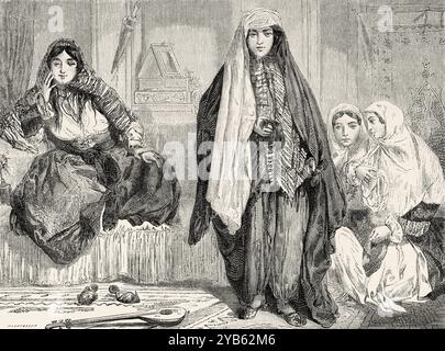 Women wearing house and walking dresses, Iran. Drawing by Jules Laurens (1825-1901) Journey to Persia, 1855-1858 by Arthur de Gobineau (1816-1882) Le Tour du Monde 1860 Stock Photo