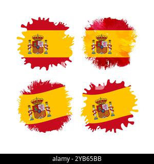 Set of realistic stains with flag of Spain background and clipping mask. Cute ink or paint style shapes with Spanish flag. Holiday symbol. Travel Stock Vector