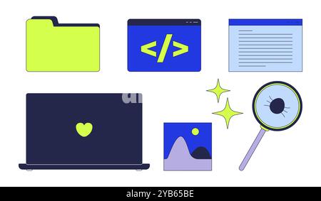 Programming desktop icons 2D cartoon objects set Stock Vector