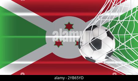 Soccer Football ball in Goal Net Isolated on Burundi Shaded Flag, Sports Accessory Equipment for Playing Game, Championship and Competition Design Stock Vector