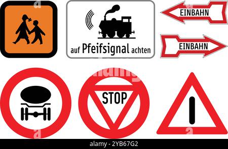 Set, Additional auxiliary signs, Further signs, Retired signs, Road signs in Austria (German: Straßenverkehrsordnung) Stock Vector