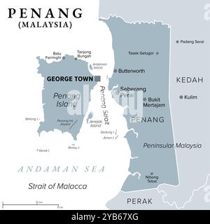 Penang, a state of Malaysia in Southeast Asia, gray political map. Located on the coast of Peninsular Malaysia along Strait of Malacca. Stock Photo