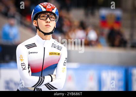 Dresden, Germany, February 02, 2019: male speed skater Hyo Jun Lim of Korea during the ISU Short Track Speed Skating World Championship in Germany Stock Photo