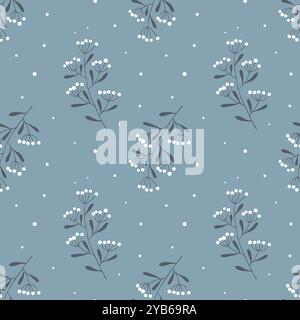 Winter New Year cold pattern with branches and snow, blue branches with white berry on blue background. Vector illustration Stock Vector