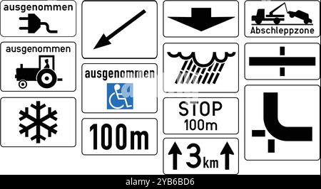 Set of Additional auxiliary signs, Further signs, Retired signs, Road signs in Austria (German: Straßenverkehrsordnung) Stock Vector