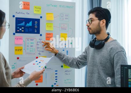 Developer team present project interface design with board and solving problem at office Stock Photo