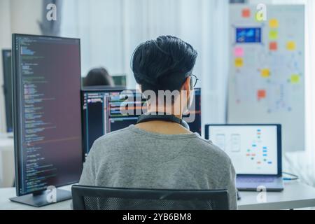 Asian software developers working on multiple screens displaying code and application diagrams in a modern office Stock Photo