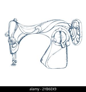 Vintage retro sewing machine, indigo grey metal. Hand drawn ink vector illustration sewing craft supplies. Single object isolated on white background Stock Vector