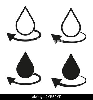 Four black water drop icons with arrows, symbolizing recycling and water conservation. Simple minimalist design for eco concepts. Stock Vector