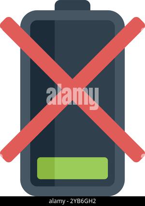 Red cross sign showing an empty battery status on a smartphone, warning you to charge your phone Stock Vector