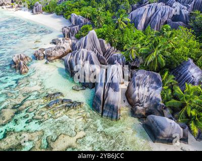 Aerial view of world famous Anse Source d'argent beach. Seychelles, Indian Ocean Stock Photo