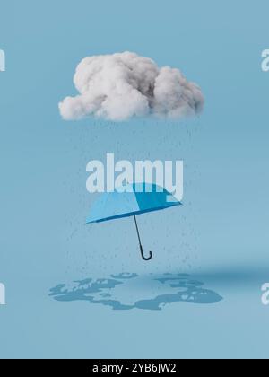 Blue umbrella protecting from the rain that comes from a cloud on a blue studio background. Blue Monday concept. 3d rendering Stock Photo