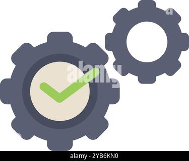 Green check mark inside of a gear is showing a completed project or process Stock Vector