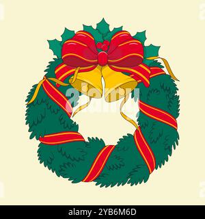 A festive Christmas wreath made from fir branches and decorated with holly leaves, ribbons, bells and a red bow. Flat design vector illustration. Stock Vector