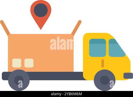 Delivery truck carrying parcel with location pin showing successful shipping and tracking Stock Vector
