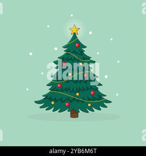 Christmas tree decorated with garland, balls and a glowing star on top. Cartoon style vector illustration Stock Vector