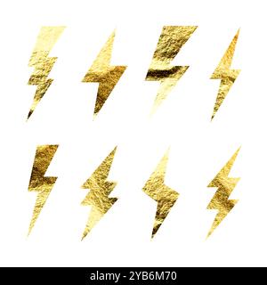 Golden lightning bolt icons collection. Gold foil texture. Flash symbol ...