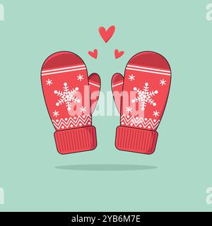 A pair of red cute knitted mittens with snowflakes and zigzag patterns. Cozy knitwear with little hearts in the middle vector illustration. Stock Vector