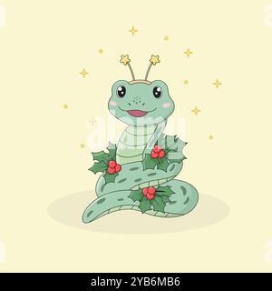 Cute smiling snake with a festive headband and holly branches. Chinese New Year. Lunar calendar. Cartoon character vector illustration. Stock Vector