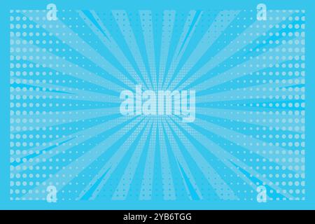 Pop art blue comic background with sun rays and dots. Retro style. Vector illustration Stock Vector