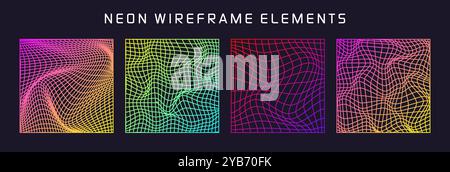 Colorful wireframe shapes, lined perspective mesh, 3d grid. Low poly geometric elements. Retro futuristic design elements, y2k, vaporwave and Stock Vector