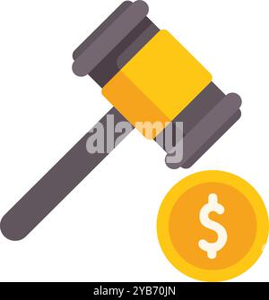 Judge hammer striking dollar coin in flat style, representing a legal decision related to finance Stock Vector
