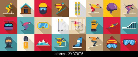 Ski jumping icons set. This set features athletes skiing and snowboarding and winter sports equipment icons in a flat design with long shadows Stock Vector