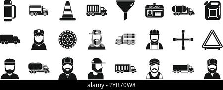 Trucker icons set. This set of icons depicts truck drivers and various trucks and supplies they use in their work Stock Vector