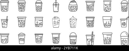 Boba icons set. This large set of bubble tea cups shows a variety of flavors and styles of the popular drink Stock Vector
