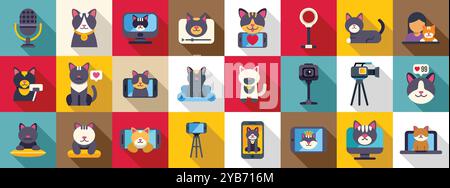 Blogger cat icons set. This colorful icon set features cute cats making videos, streaming and taking pictures with smartphones, cameras and computers Stock Vector