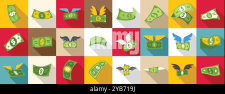 Fly banknote icons set. Money flying away with wings icon set in flat style for any design Stock Vector