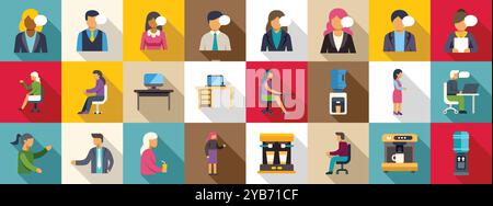 Coworkers communicating office icons set. Office workers having break taking part in corporate party communicating set of square icons with people and furniture in flat style Stock Vector