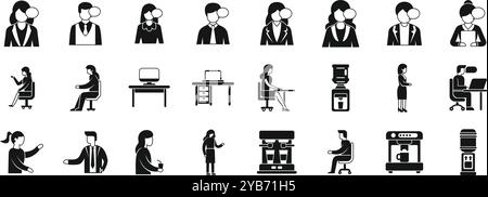 Coworkers communicating office icons set. Office workers having a break icon set in simple style, office life vector illustration Stock Vector