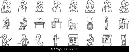 Coworkers communicating office icons set. Business people are talking, working at computers, getting coffee, and using office equipment in this line icon set Stock Vector