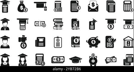 Student loan icons set. This set of icons depicts the financial aspects of higher education, including tuition fees, student loans, scholarships, and saving money Stock Vector