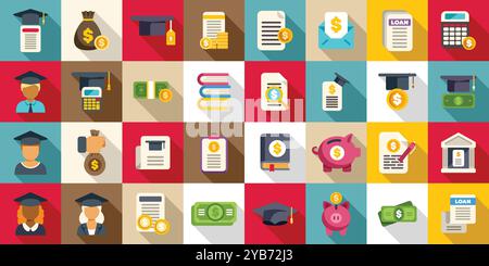 Student loan icons set. This vector illustration set includes concepts such as student loan, scholarship, education funding, and tuition fee Stock Vector