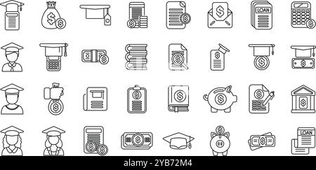 Student loan icons set. Line icons showing students paying for their education, student loans, tuition, and financing education Stock Vector