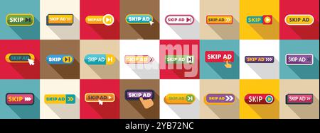 Skip ad icons set. Fingers and mouse cursors clicking on skip ad buttons in flat design style with long shadows Stock Vector