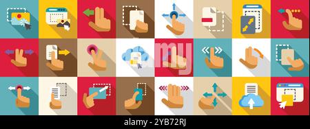 Drag drop icons set. Large set of flat design style icons showing different ways of using fingers to control modern touch screen devices Stock Vector