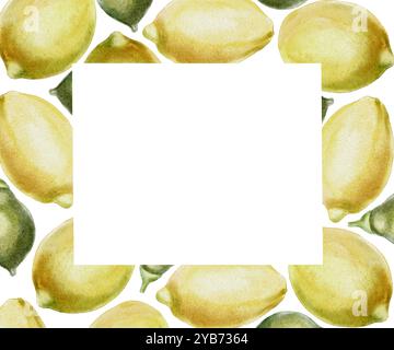 Watercolor square frame of lemons and green branches, leaves. Isolated ...