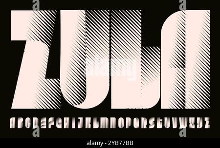 Geometric striped alphabet, retro modern display font, bold logo type with 3D effect, impactful headline typography, sharp and dynamic poster design Stock Vector