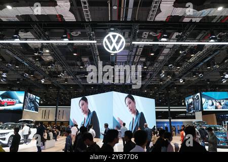 Shanghai,China-April 22nd 2023: many people visit Volkswagen booth at Shanghai auto show (Shanghai International Automobile Industry Exhibition) Stock Photo