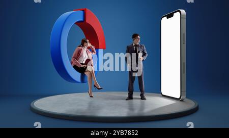 3D rendering. Sitting inside giant pie-chart, business partners examines smartphone with negative space as tool of productivity. Stock Photo