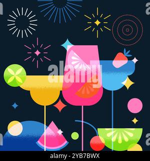 Bar banner, poster geometric colorful design with cocktails and fruits. Night party fireworks vector illustration. Alcoholic, non-alcoholic drinks coc Stock Vector