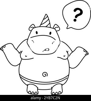 Kids coloring book page. hippo printable worksheet for kids.. Can be used as children coloring book. Stock vector illustration isolated on white in bl Stock Vector