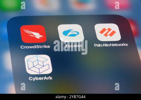 Zscaler, CrowdStrike, Palo Alto Networks, CyberArk. Assorted American cybersecurity company apps Stock Photo