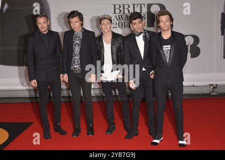 LONDON, ENGLAND - FEBRUARY 19: Liam Payne, Harry Styles, Niall Horan and Zayn Malik and Louis Tomlinson of One Direction  attends The BRIT Awards 2014 Stock Photo